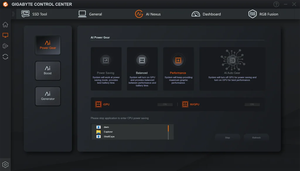 Aorus 16X GCC power modes